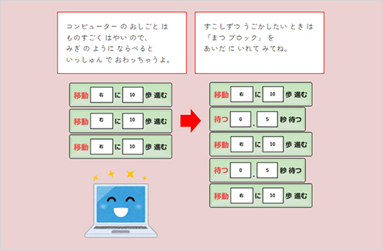 ヒント：歩くためには移動と待つを組み合わせ